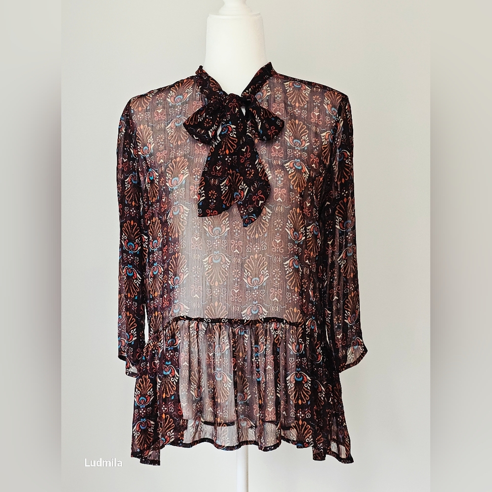 KUT From The Kloth Size‎ S Womens Printed Sheer Blouse With Front Tie